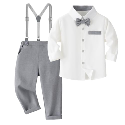 Volunboy Baby Jungen Anzug Set Bekleidung Hemd mit Fliege + Hosenträger Hosen Strampler Anzug(Größe 80,3-4 Jahre,Weiß Grau von Volunboy