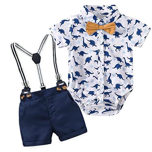 Volunboy Baby Jungen Anzug Set Bekleidung Hemd mit Fliege + Hosenträger Shorts Strampler Anzug(12-18 Monate,Blauer Dino,Größe 80) von Volunboy
