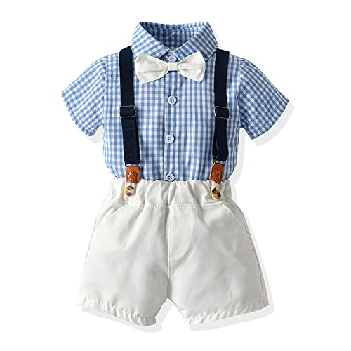 Volunboy Baby Jungen Anzug Set Bekleidung Hemd mit Fliege + Hosenträger Shorts Strampler Anzug(12-18 Monate,Blaues Gitter,Größe 90) von Volunboy