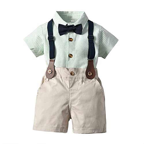 Volunboy Baby Jungen Anzug Set Bekleidung Hemd mit Fliege + Hosenträger Shorts Strampler Anzug(12-18 Monate,Grüner Streifen,Größe 80) von Volunboy