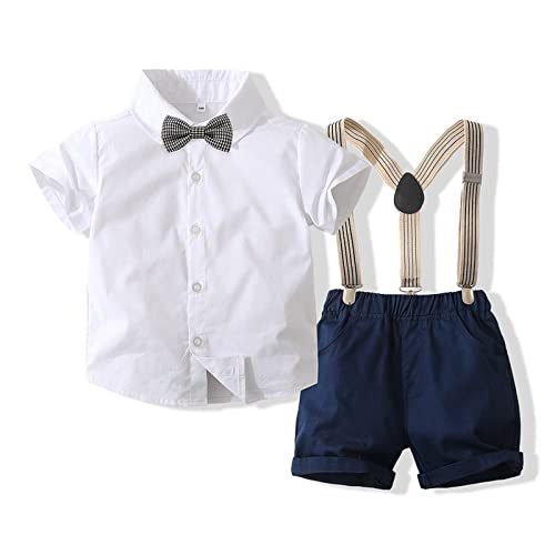Volunboy Baby Jungen Anzug Set Bekleidung Hemd mit Fliege + Hosenträger Shorts Strampler Anzug(12-18 Monate,WeißBlau,Größe 90) von Volunboy
