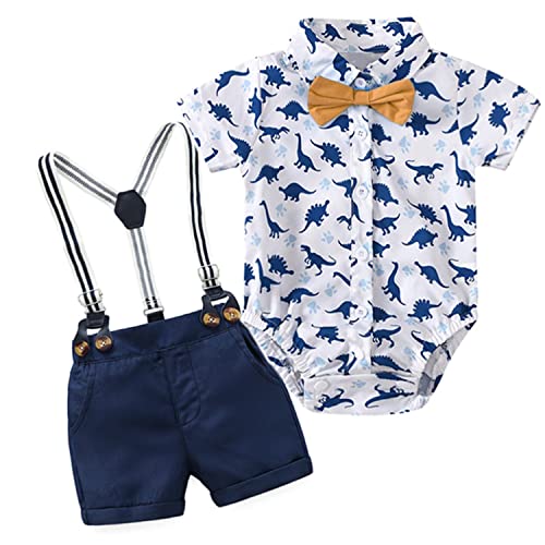 Volunboy Baby Jungen Anzug Set Bekleidung Hemd mit Fliege + Hosenträger Shorts Strampler Anzug(18-24 Monate,Blauer Dino,Größe 90) von Volunboy