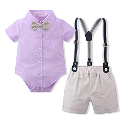 Volunboy Baby Jungen Anzug Set Bekleidung Hemd mit Fliege + Hosenträger Shorts Strampler Anzug(18-24 Monate,Lila,Größe 90) von Volunboy