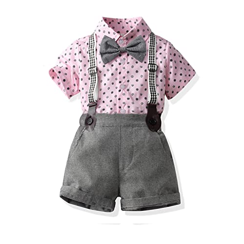 Volunboy Baby Jungen Anzug Set Bekleidung Hemd mit Fliege + Hosenträger Shorts Strampler Anzug(18-24 Monate,Rosa Punkte,Größe 90) von Volunboy