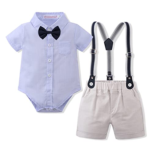 Volunboy Baby Jungen Anzug Set Bekleidung Hemd mit Fliege + Hosenträger Shorts Strampler Anzug（2-3 Jahre，BlauGrau，Größe 100） von Volunboy