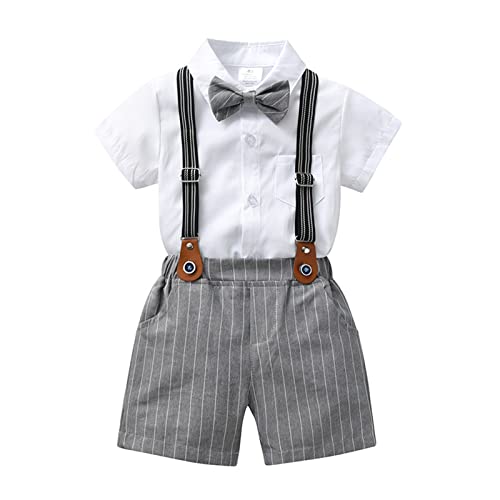 Volunboy Baby Jungen Anzug Set Bekleidung Hemd mit Fliege + Hosenträger Shorts Strampler Anzug(2-3 Jahre,WeißGrau,Größe 100) von Volunboy