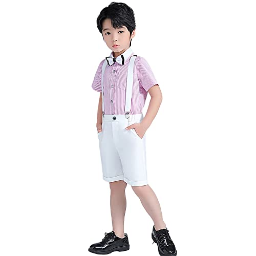 Volunboy Baby Jungen Anzug Set Bekleidung Hemd mit Fliege + Hosenträger Shorts Strampler Anzug(5-6 Jahre,RosaWeiß,Größe 130) von Volunboy