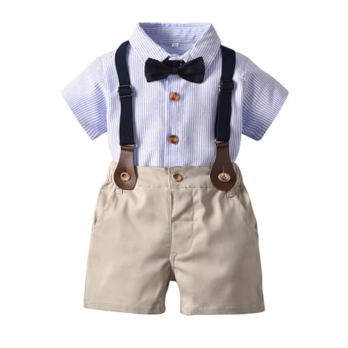 Volunboy Baby Jungen Anzug Set Bekleidung Hemd mit Fliege + Hosenträger Shorts Strampler Anzug(Blaues Streifen,12-18 Monate,Größe 80) von Volunboy