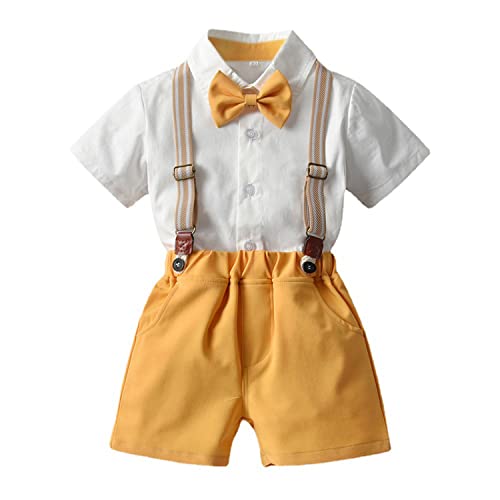 Volunboy Baby Jungen Anzug Set Bekleidung Hemd mit Fliege + Hosenträger Shorts Strampler Anzug(Gelb,18-24 Monate,Größe 90) von Volunboy