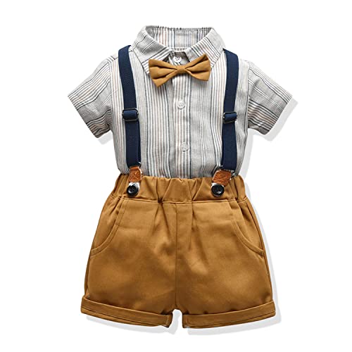 Volunboy Baby Jungen Anzug Set Bekleidung Hemd mit Fliege + Hosenträger Shorts Strampler Anzug（Grauer Streifen，2-3 Jahre，Größe 90） von Volunboy
