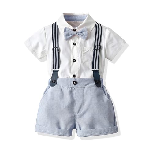 Volunboy Baby Jungen Anzug Set Bekleidung Hemd mit Fliege + Hosenträger Shorts Strampler Anzug（Hellblau Weiß，9-12 Monate，Größe 70） von Volunboy