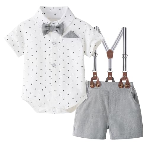 Volunboy Baby Jungen Anzug Set Bekleidung Hemd mit Fliege + Hosenträger Shorts Strampler Anzug(Punkte Grau,3-6 Monate,Größe 59) von Volunboy