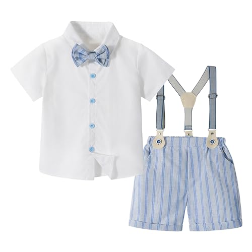 Volunboy Baby Jungen Anzug Set Bekleidung Hemd mit Fliege + Hosenträger Shorts Strampler Anzug(Rayure Blanc Bleu,3-4 Jahre,Größe 110) von Volunboy