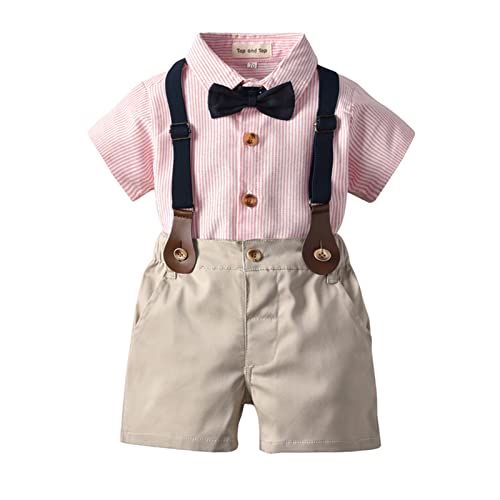 Volunboy Baby Jungen Anzug Set Bekleidung Hemd mit Fliege + Hosenträger Shorts Strampler Anzug(Rosa Streifen,18-24 Monate,Größe 90) von Volunboy