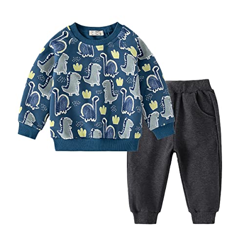 Volunboy Baby Jungen Dinosaurier kleidung, Kinder Pullover Jogginganzug Sweatshirt Langarmshirt und Hosen 2tlg für 2-6 Jahre(2-3 Jahre,BlauDino,Größe 100) von Volunboy