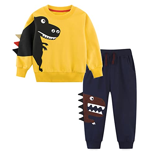 Volunboy Baby Jungen Dinosaurier kleidung, Kinder Pullover Jogginganzug Sweatshirt Langarmshirt und Hosen 2tlg für 2-6 Jahre(5-6 Jahre,Gelb,Größe 130) von Volunboy