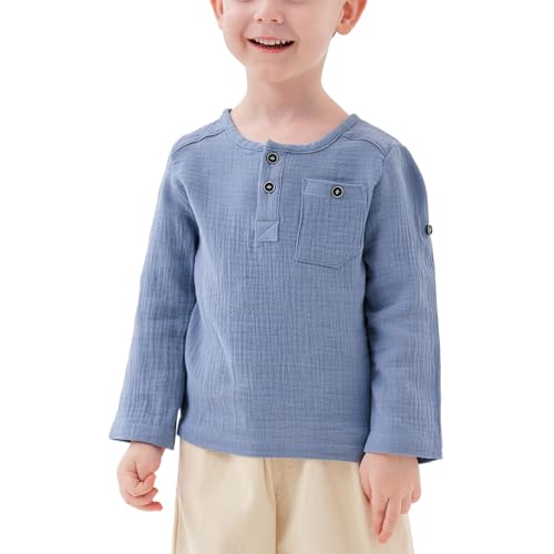 Volunboy Baby Jungen Henley Shirt Kurzarm/Langarmshirt, Baumwolle Lässiges Knopf Tshirt Top mit Tasche 1-5 Jahre（Blau，3-4 Jahre，Größe 110） von Volunboy