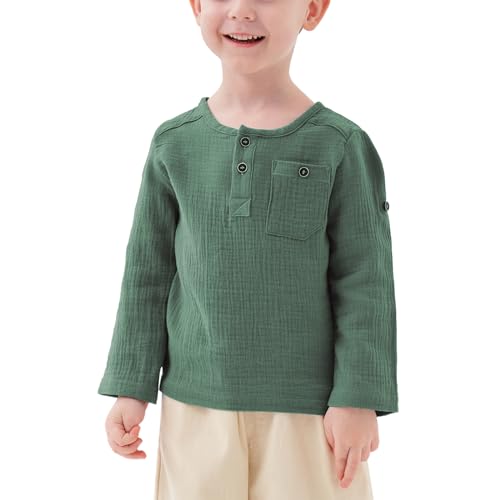 Volunboy Baby Jungen Henley Shirt Kurzarm/Langarmshirt, Baumwolle Lässiges Knopf Tshirt Top mit Tasche 1-5 Jahre（Grün，1-2 Jahre，Größe 90） von Volunboy