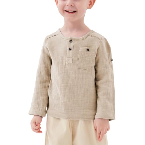 Volunboy Baby Jungen Henley Shirt Kurzarm/Langarmshirt, Baumwolle Lässiges Knopf Tshirt Top mit Tasche 1-5 Jahre（Khaki，1-2 Jahre，Größe 90） von Volunboy