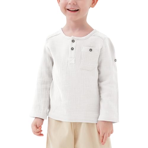 Volunboy Baby Jungen Henley Shirt Kurzarm/Langarmshirt, Baumwolle Lässiges Knopf Tshirt Top mit Tasche 1-5 Jahre（Weiß，1-2 Jahre，Größe 90） von Volunboy