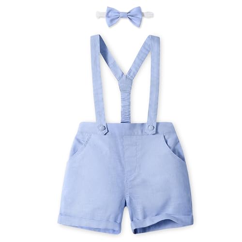 Volunboy Baby Jungen Hosenträger Shorts, Sommer Leinen Shorts mit Fliege 3 Stück Anzug(Hell Blau,3-4 Jahre,Größe 110) von Volunboy
