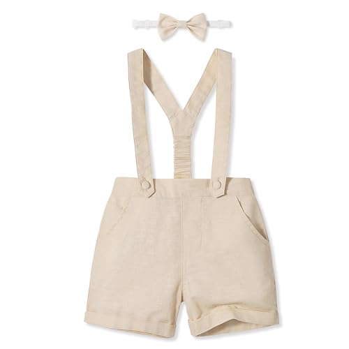 Volunboy Baby Jungen Hosenträger Shorts, Sommer Leinen Shorts mit Fliege 3 Stück Anzug(Helles Khaki,12-18 Monate,Größe 80) von Volunboy