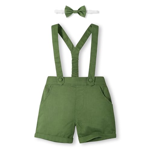 Volunboy Baby Jungen Hosenträger Shorts, Sommer Leinen Shorts mit Fliege 3 Stück Anzug(Wald Grün,3-4 Jahre,Größe 110) von Volunboy