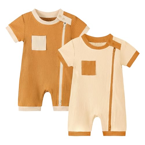 Volunboy Baby Jungen kurzarm Overall Strampler (2er Pack) mit Reißverschluss Bodysuit Romper（Beige Gelb，3-6 Monate，Größe 66） von Volunboy