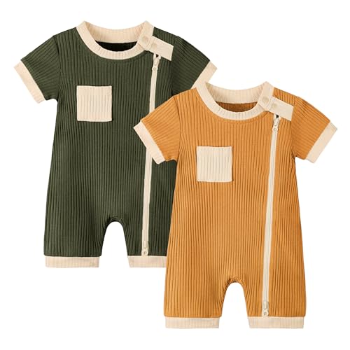 Volunboy Baby Jungen kurzarm Overall Strampler (2er Pack) mit Reißverschluss Bodysuit Romper（Gelb Grün，6-12 Monate，Größe 73） von Volunboy