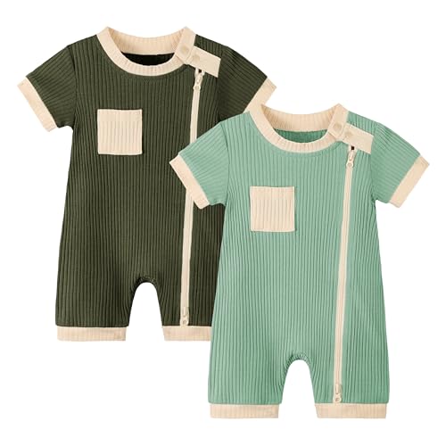 Volunboy Baby Jungen kurzarm Overall Strampler (2er Pack) mit Reißverschluss Bodysuit Romper（Grün，0-3 Monate，Größe 59） von Volunboy