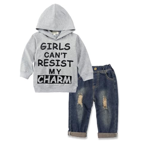 Volunboy Bekleidungssets für Baby Jungen, Langarm Brief Drucken Hoodies + Blau Jeans 2PCS Kleidung Outfit(12-18 Monate,Grau,Größe 80) von Volunboy