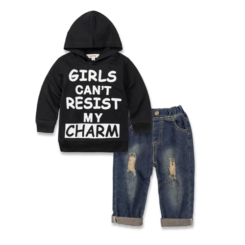 Volunboy Bekleidungssets für Baby Jungen, Langarm Brief Drucken Hoodies + Blau Jeans 2PCS Kleidung Outfit(4-5 Jahre,Schwarz Charm,Größe 120) von Volunboy