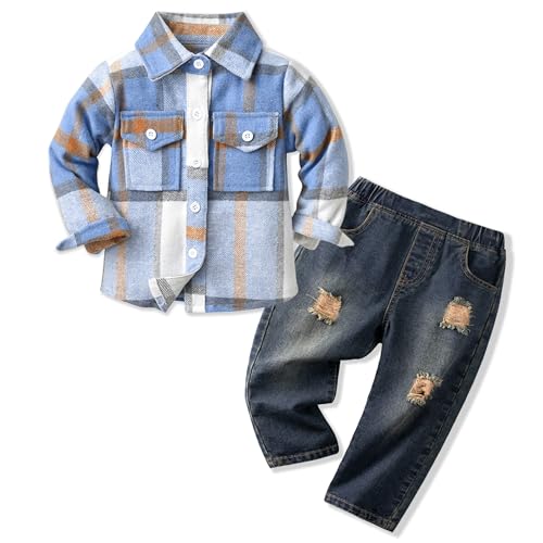 Volunboy Bekleidungssets für Baby Jungen, Langarm Flanell Hemd Kariert + Blau Jeans 2PCS Kleidung Outfit(Blau Kariert,2-3 Jahre,Größe 100) von Volunboy