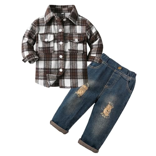 Volunboy Bekleidungssets für Baby Jungen, Langarm Flanell Hemd Kariert + Blau Jeans 2PCS Kleidung Outfit(Braun Weiß,4-5 Jahre,Größe 120) von Volunboy