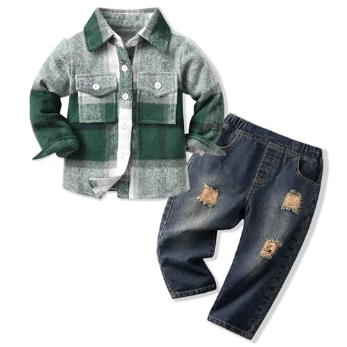 Volunboy Bekleidungssets für Baby Jungen, Langarm Flanell Hemd Kariert + Blau Jeans 2PCS Kleidung Outfit(Grün Kariert,2-3 Jahre,Größe 100) von Volunboy