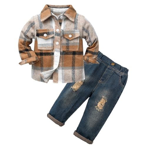 Volunboy Bekleidungssets für Baby Jungen, Langarm Flanell Hemd Kariert + Blau Jeans 2PCS Kleidung Outfit(Khaki Weiß,2-3 Jahre,Größe 100) von Volunboy