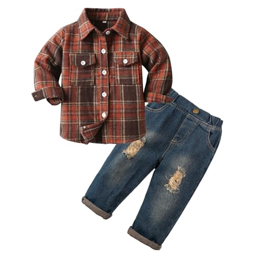 Volunboy Bekleidungssets für Baby Jungen, Langarm Flanell Hemd Kariert + Blau Jeans 2PCS Kleidung Outfit(Rot Braun,1-2 Jahre,Größe 90) von Volunboy