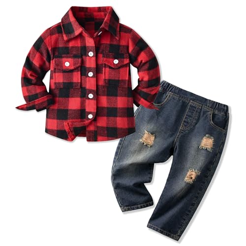 Volunboy Bekleidungssets für Baby Jungen, Langarm Flanell Hemd Kariert + Blau Jeans 2PCS Kleidung Outfit(Rot Kariert,3-4 Jahre,Größe 110) von Volunboy