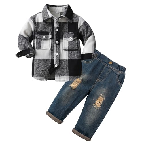 Volunboy Bekleidungssets für Baby Jungen, Langarm Flanell Hemd Kariert + Blau Jeans 2PCS Kleidung Outfit(Schwarz Weiß,2-3 Jahre,Größe 100) von Volunboy