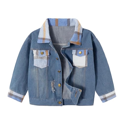 Volunboy Junge Jeansjacket Blau Ripped Jeansmeantel Leichte Denim Jacke Kariert Übergang für Kinder 2-8 Jahre(2-3 Jahre,Blau Weiß Denim,Größe 100) von Volunboy