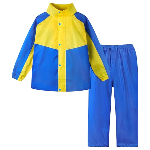 Volunboy Kinder Regenanzug, Jungen Mädchen Regenmantel mit Kapuze Jacke und Hose Regenbekleidung Wasserdichter Anzug（8-9 Jahre，Blau Gelb，XL） von Volunboy