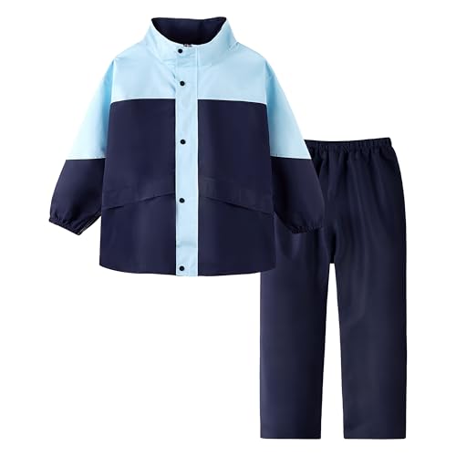 Volunboy Kinder Regenanzug, Jungen Mädchen Regenmantel mit Kapuze Jacke und Hose Regenbekleidung Wasserdichter Anzug（9-10 Jahre，Marine Blau，2XL） von Volunboy