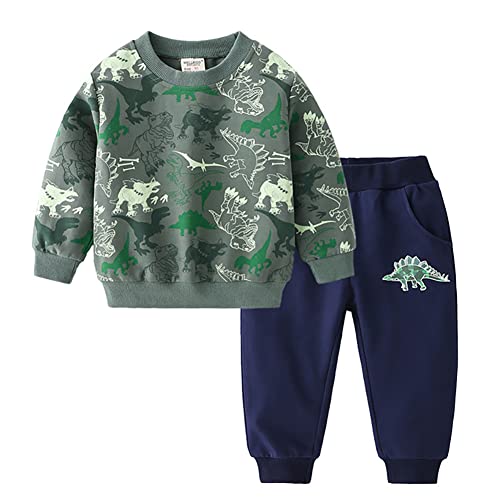 Volunboy Kleinkind Junge Dinosaurier Sweatshirt, Langarmshirt und Hosen 2tlg kleidung Set für 2-6 Jahre(Grün-2,3-4 Jahre,Größe 110) von Volunboy