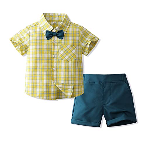 Volunboy Kleinkind Junge Kurzarm Plaid Hemd mit Fliege & Kurze Hosen Set, Sommer Baumwolle Hemden Shorts Bekleidung Outfit(Gelb,12-18 Monate,Größe 80) von Volunboy