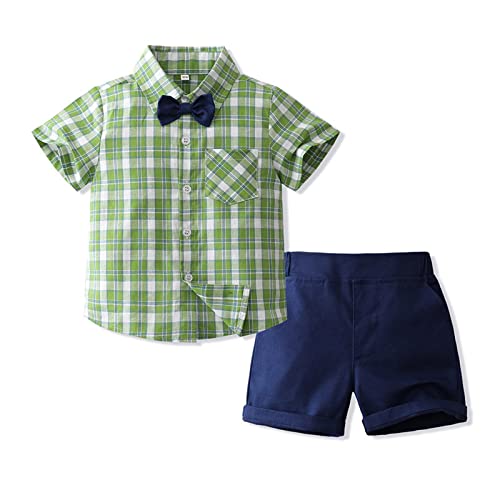 Volunboy Kleinkind Junge Kurzarm Plaid Hemd mit Fliege & Kurze Hosen Set, Sommer Baumwolle Hemden Shorts Bekleidung Outfit(Grün,12-18 Monate,Größe 80) von Volunboy