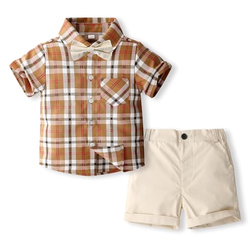 Volunboy Kleinkind Junge Kurzarm Plaid Hemd mit Fliege & Kurze Hosen Set, Sommer Baumwolle Hemden Shorts Bekleidung Outfit(Khaki,12-18 Monate,Größe 80) von Volunboy
