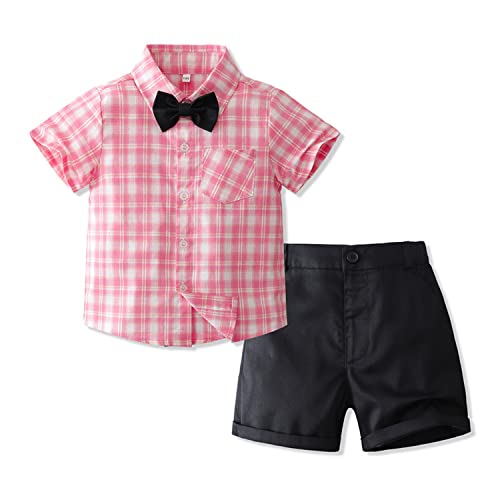 Volunboy Kleinkind Junge Kurzarm Plaid Hemd mit Fliege & Kurze Hosen Set, Sommer Baumwolle Hemden Shorts Bekleidung Outfit(Rosa,2-3 Jahre,Größe 100) von Volunboy