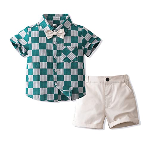 Volunboy Kleinkind Junge Kurzarm Plaid Hemd mit Fliege & Kurze Hosen Set, Sommer Baumwolle Hemden Shorts Bekleidung Outfit(TiefGrün,12-18 Monate,Größe 80) von Volunboy