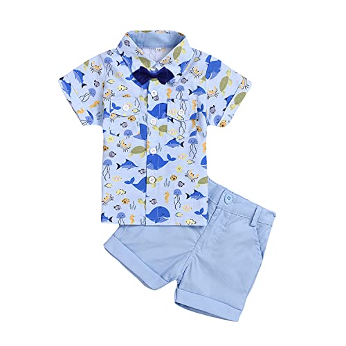 Volunboy Kleinkind Kurzarm Hemd + Kurze Hosen Set, Sommer Floral Button T-Shirt Shorts Outfit(12-18 Monate,Blau Fisch,Größe 80) von Volunboy