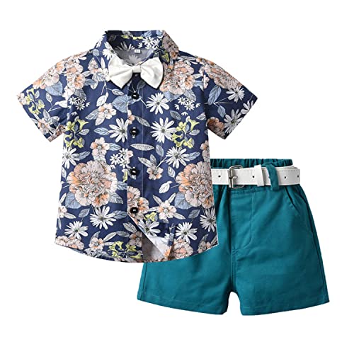 Volunboy Kleinkind Kurzarm Hemd + Kurze Hosen Set, Sommer Floral Button T-Shirt Shorts Outfit(18-24 Monate,Blaue Blume,Größe 90) von Volunboy